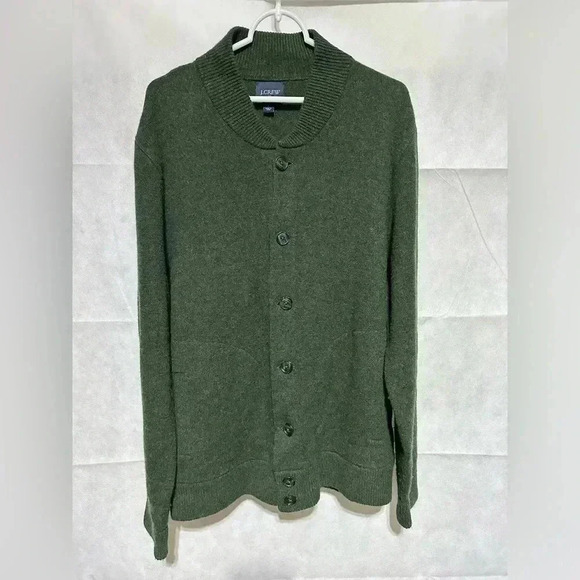 J CREW MEN'S 100% WOOL Green BOMBER SWEATER LARGE Buttons Mock Neck EEUC!!